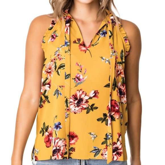 Gibson Nordstrom Floral Ruffle Tank Top Crepe Blouse Yellow Size Medium NEW - Picture 1 of 8